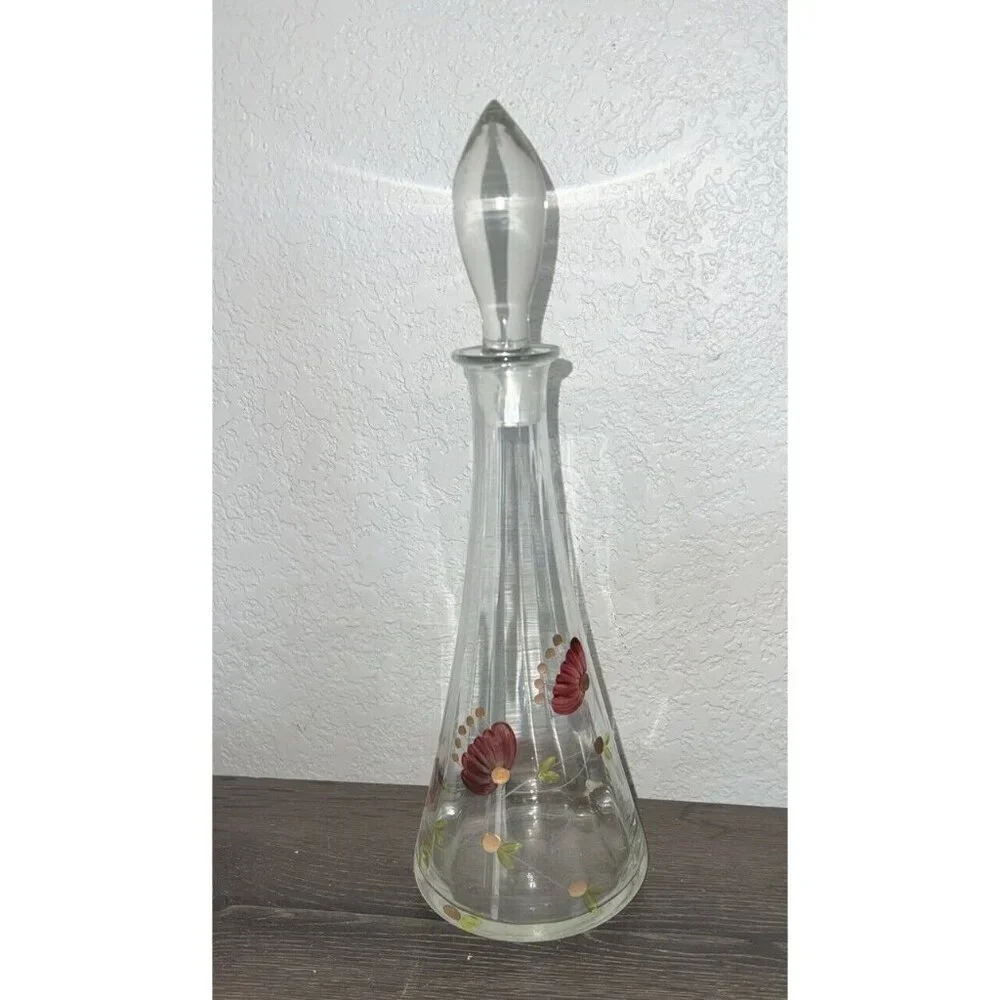 Hand Painted Glass Carafe with Cap, Decanter Vintage Romania Flowers Italy